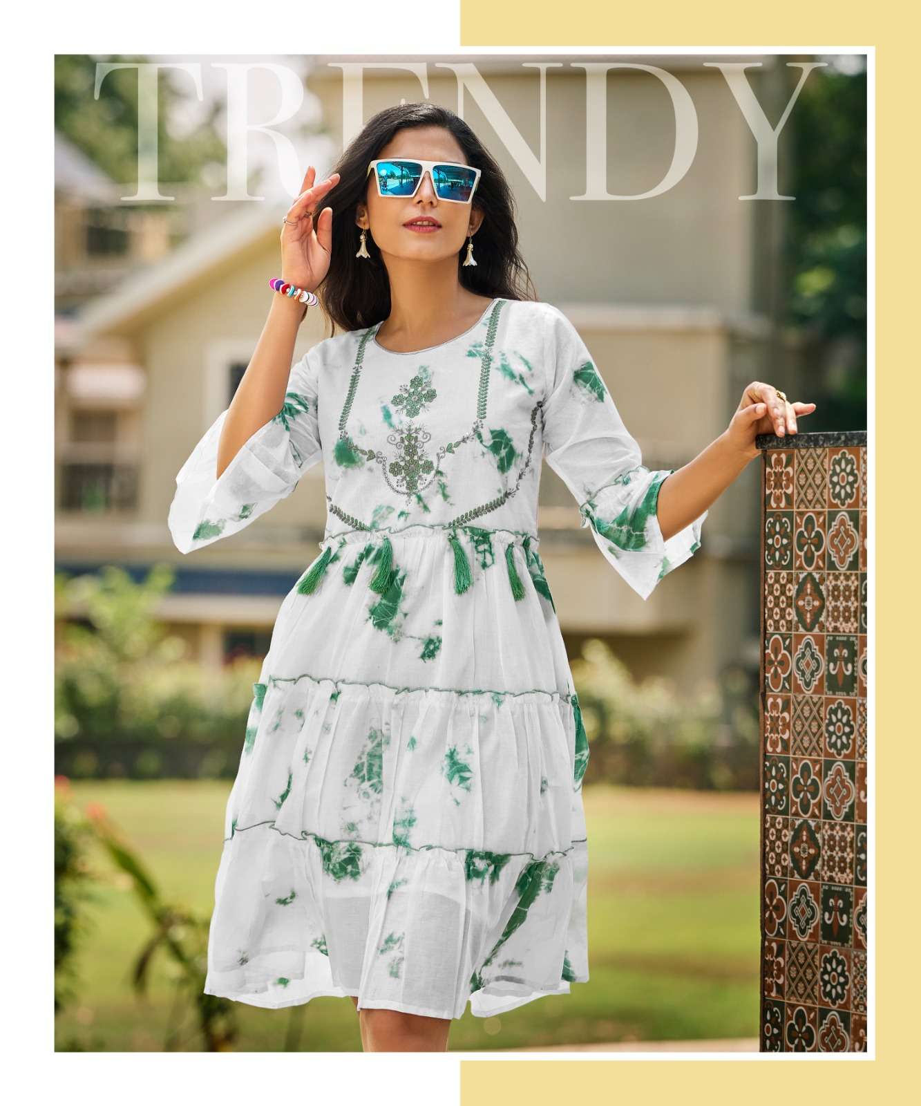 RICHGIRL MULL COTTON SEQUENCE, EMBROIDERY AND HANDWORK FANCY TUNICS WITH SHADES OF SHIBORI PRINT BY RANGJYOT BRAND 1006 C (2)